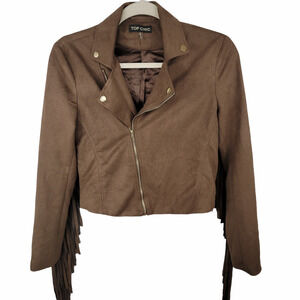 TOP Chic Faux Suede Fringe Crop Moto Jacket Size S